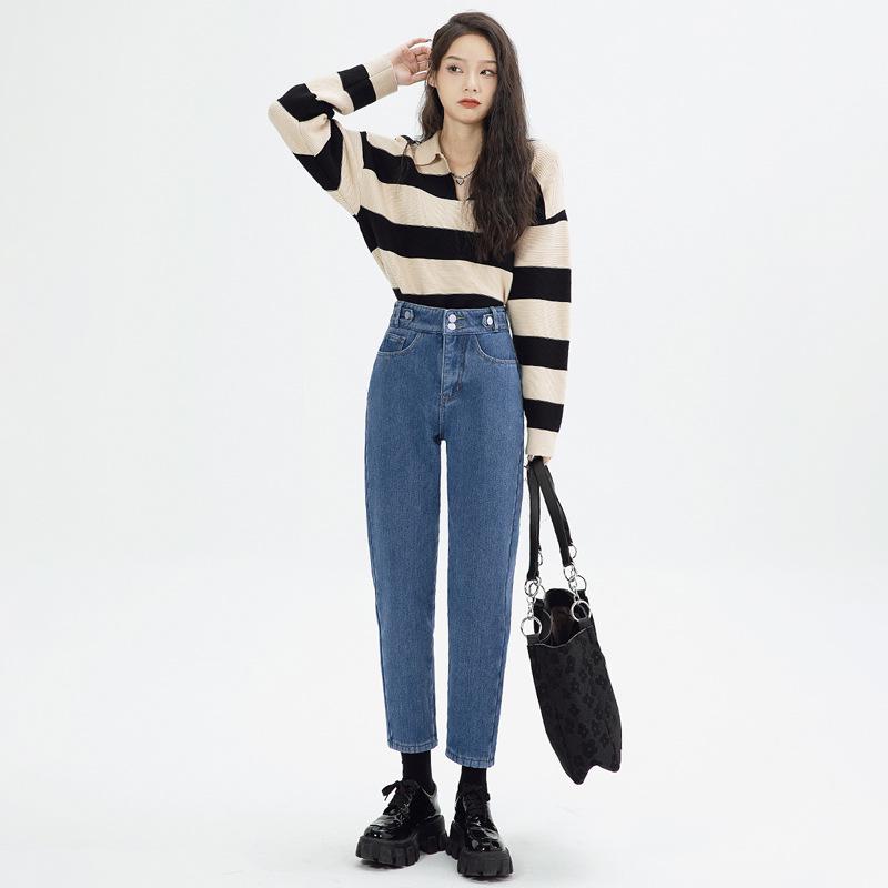 Women's Winter 2023 High-Waisted Slimming Loose Straight Carrot Jeans with Fleece Lining