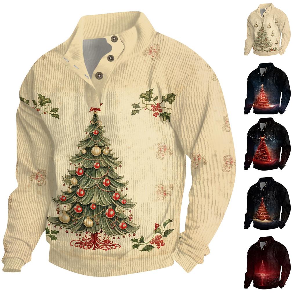 Men's Christmas Cotton Pullover Long Sleeve Outdoor Shirt Vintage Corduroy Button Stand Collar Shirt Casual Sweatshirt Christmas Print Top