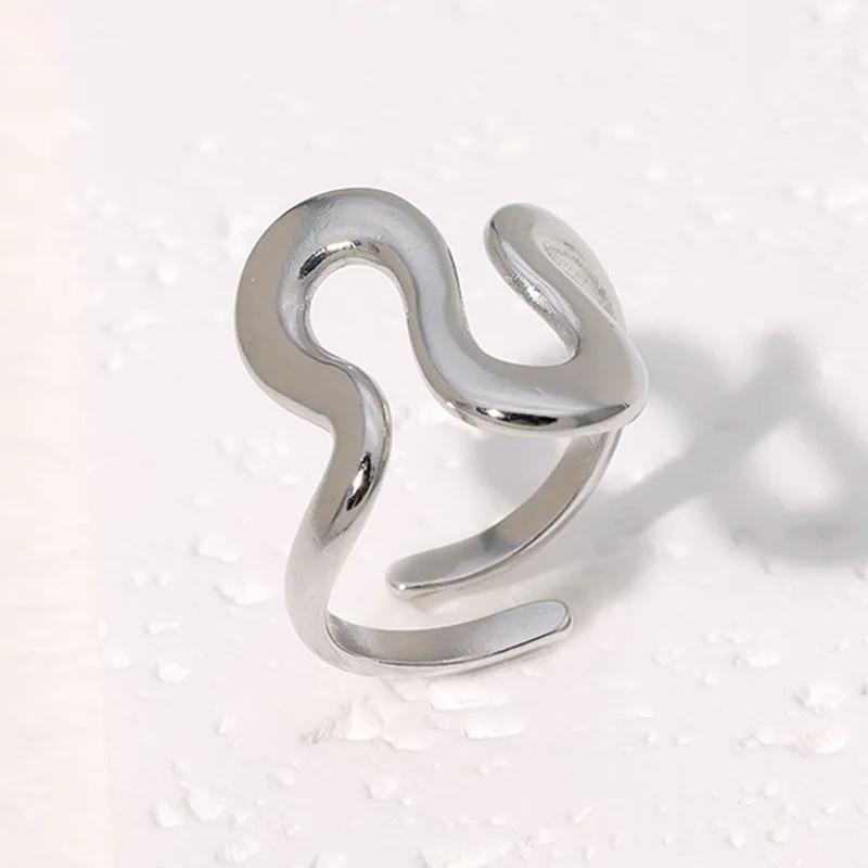 Vintage Stainless Steel Geometric Wave Rings for Women Gold Color Adjustable Rock Ring Aesthetic Wedding Trend Jewelry Gift