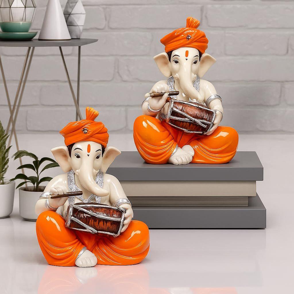 Musical Ganesha Pair for Home Decor | Brings Prosperity - (Orange and White, Pack of 2)(Resin)