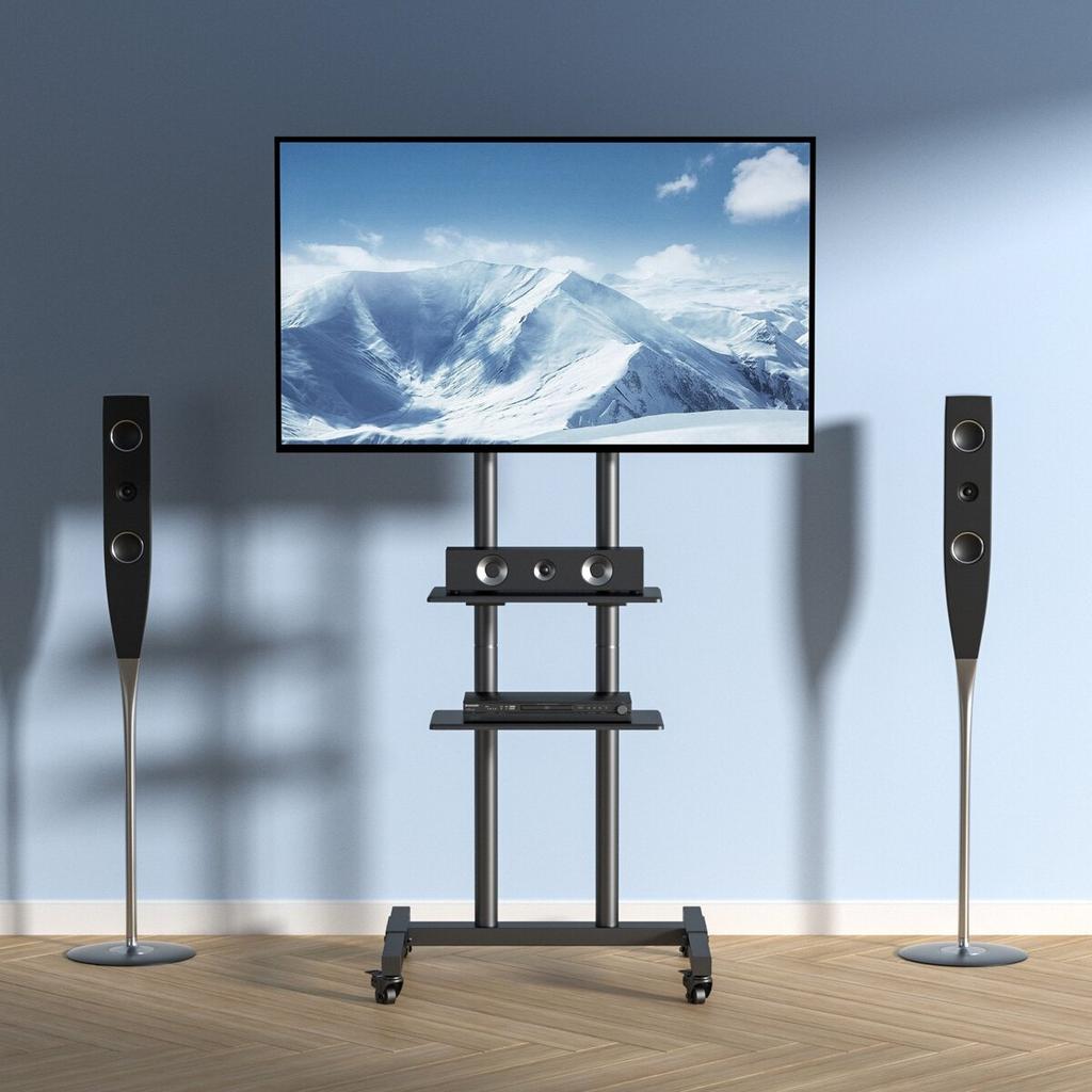 Mobile TV Stand, Mobile TV Cart for 32 to 70 inch TVs, Height Adjustable Portable TV Stand with Wheels, Double Tray for Audio-Visual Devices, Rolling