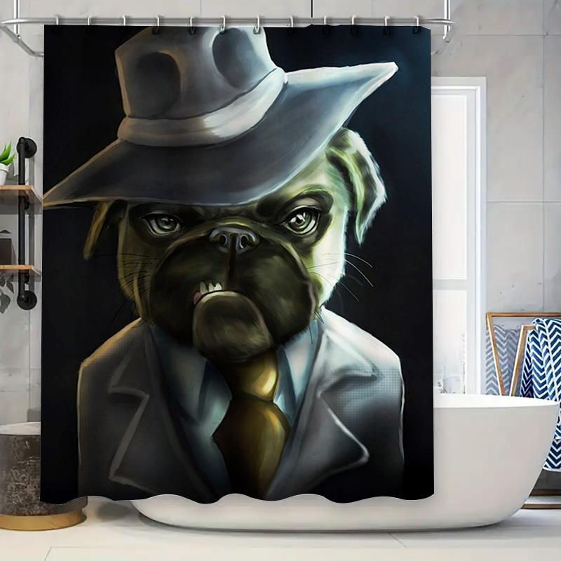

Elegant Pug With Suit Bath Mat: Modern Decor Shower Curtain For Dogs Pet Lovers Home Decoration Size 69X70 (L X W) In Black W60H190(CM)-1 Pcs