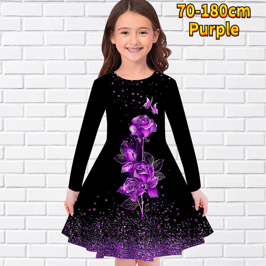 

Платье для девочек с круглым вырезом и длинными рукавами, с принтом звезд, роз, бабочек, детское платье принцессы