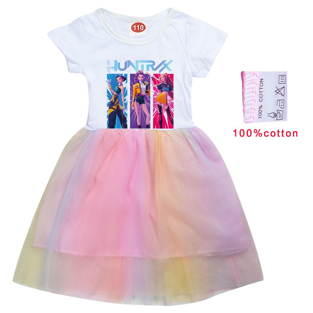 Girls Anime Cartoon Rumi Printing Short Sleeve 100% Cotton Casual Rainbow Dress Kids Halloween Christmas Cosplay Dress Up Costume