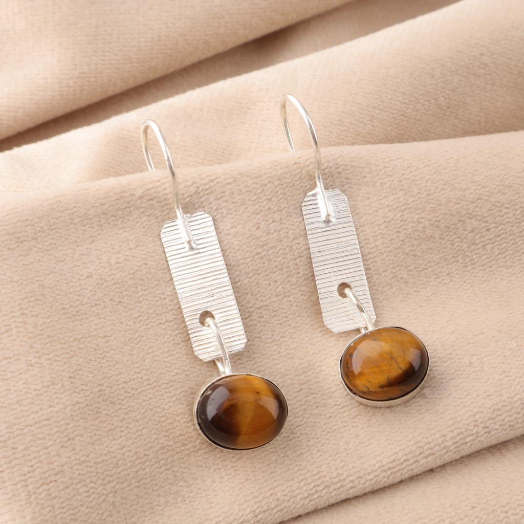 Yellow Tiger's Eye Gemstone 925 Sterling Silver Jewelry Handmade Earrings 1.9" EE-168-23
