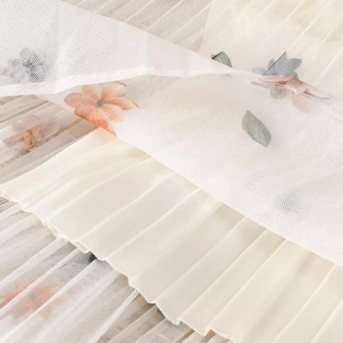 Women Spring Fall High Waist All Match Solid Color Flowers Mesh Pleated Skirt