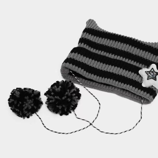 Winter Knitted Hat Cat Ear Design Plush Ball Decor Striped Print Windproof Warm Women Hat Cold Weather Headwear