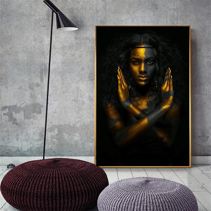 Black and Gold African Nude Woman Indian Oil Painting On Canvas Posters and Prints Scandinavian Wall Art Picture for Living Room