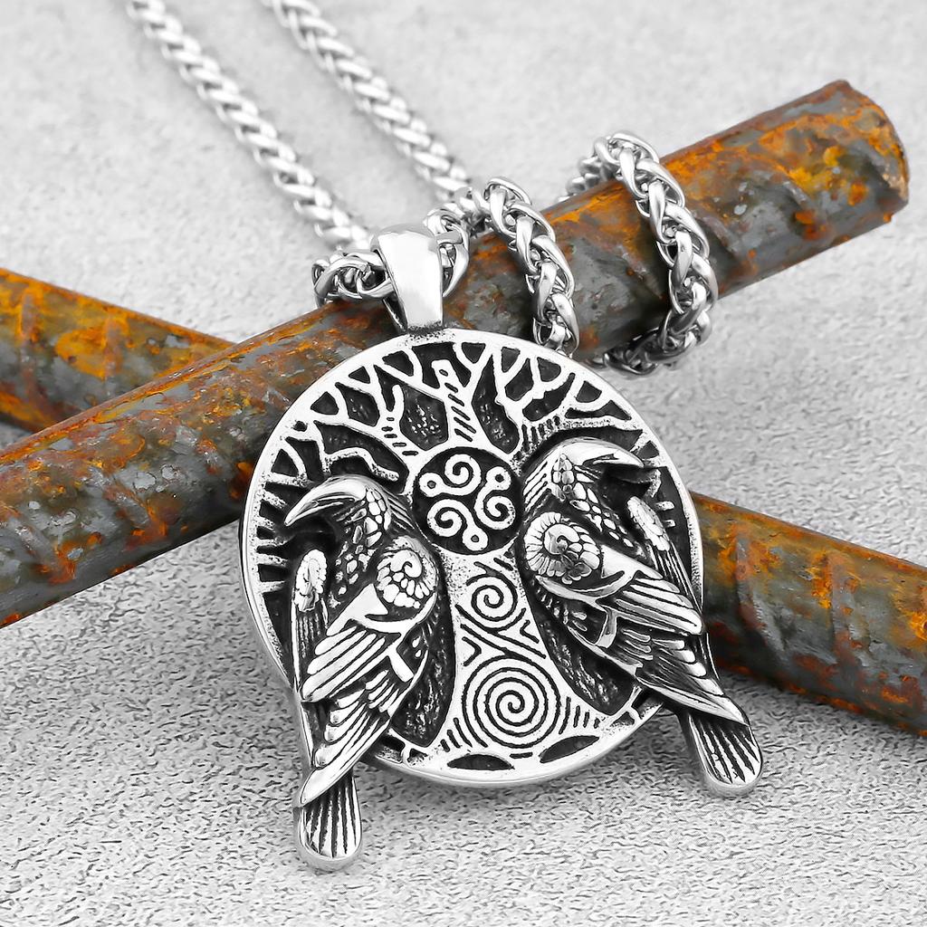 Severský Odin Vraní Lebka Přívěsek Náhrdelník Gotická Nerezová Ocel Vraní Lebka Kompas Runový Náhrdelník pro Muže Punkové Šperky