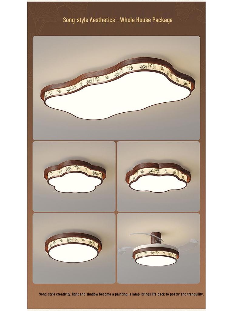 Song Dynasty-Style Walnut Ceiling Light with Cloud Print Fabric for Bedroom