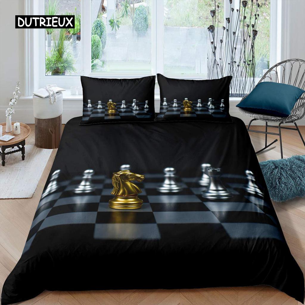 Bettbezug-Set mit internationalem Schachmotiv, Queen-Size-Bettwäscheset für Schachliebhaber, für Kinder und Erwachsene, Mikrofaser, schwarze Basis, 2/3-teiliger Bettbezug