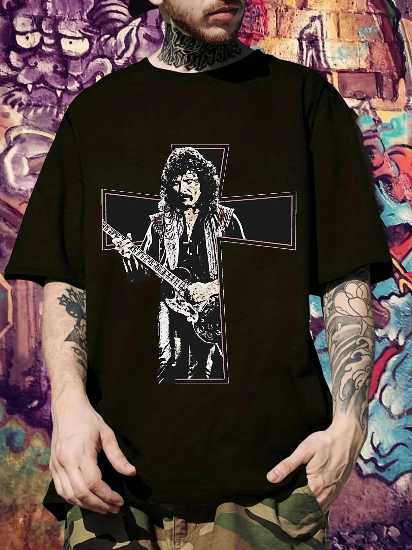 Rock Guitarist Graphic T-shirt - Black Casual Short Sleeve Tee with White & Red Cross Design XXL