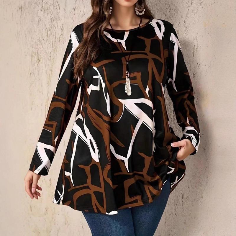 

Женская свободная туника с длинным рукавом и круглым вырезом с абстрактным геометрическим принтом XL коричневый