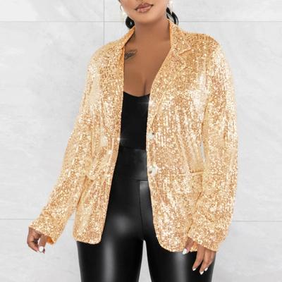 Damen Anzugmantel Revers Langarm Einreihig Anzugjacke mit Pattentaschen Glänzende Pailletten Lockere Passform Oberbekleidung