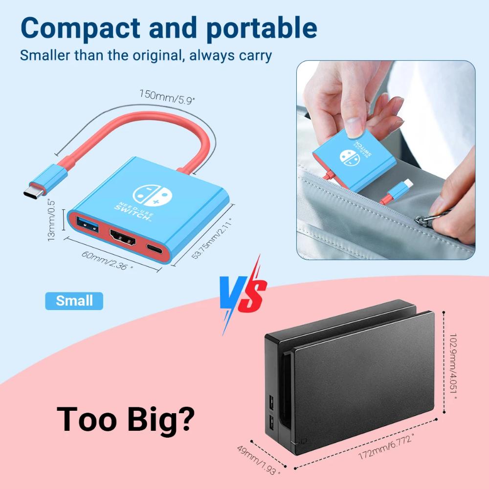 FOR Portable Nintendo Switch Docking Station TYPE-C Hub with HDMI and USB 3.0 Perfect for Travel and Gaming