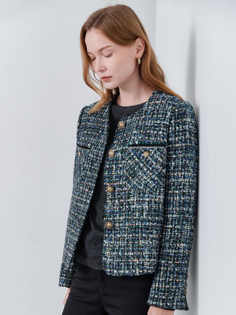 Maxza Funkelnde Leder-Kontrast Steppgefütterte Tweed-Wolljacke (blau)