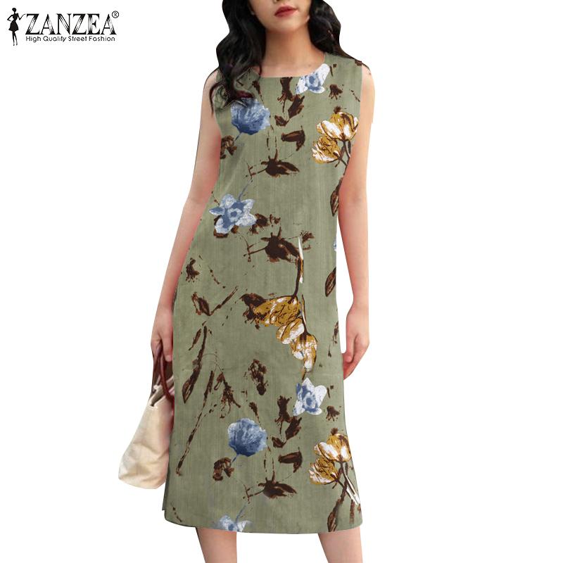 

ZANZEA Женское повседневное летнее платье без рукавов с круглым вырезом и принтом