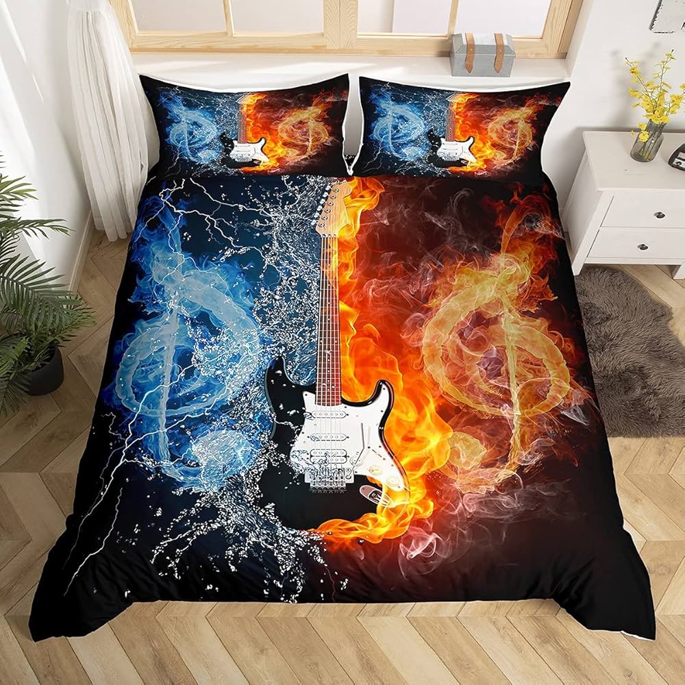 

Guitar Soft Duvet Cover Twin King Rock Music Note Warm Comforter Cover Microfiber Grunge Style Electric Guitar Beding Set For Children Kids Ten 120*200cm Single