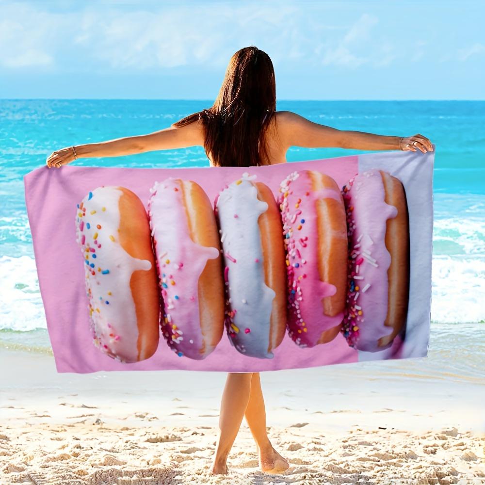 1 pièce Serviette de plage en microfibre imprimé donuts rose pour camping, voyage, plage, natation
