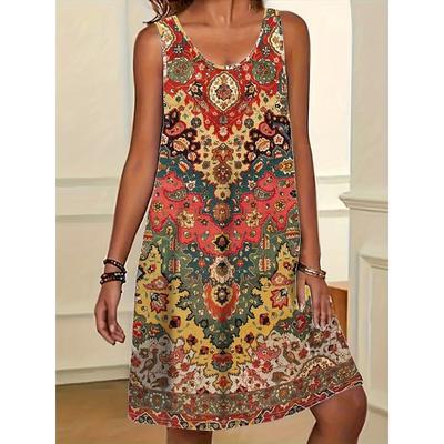 Abiti estivi da donna stile casual da spiaggia senza maniche con stampa floreale girocollo larghi
