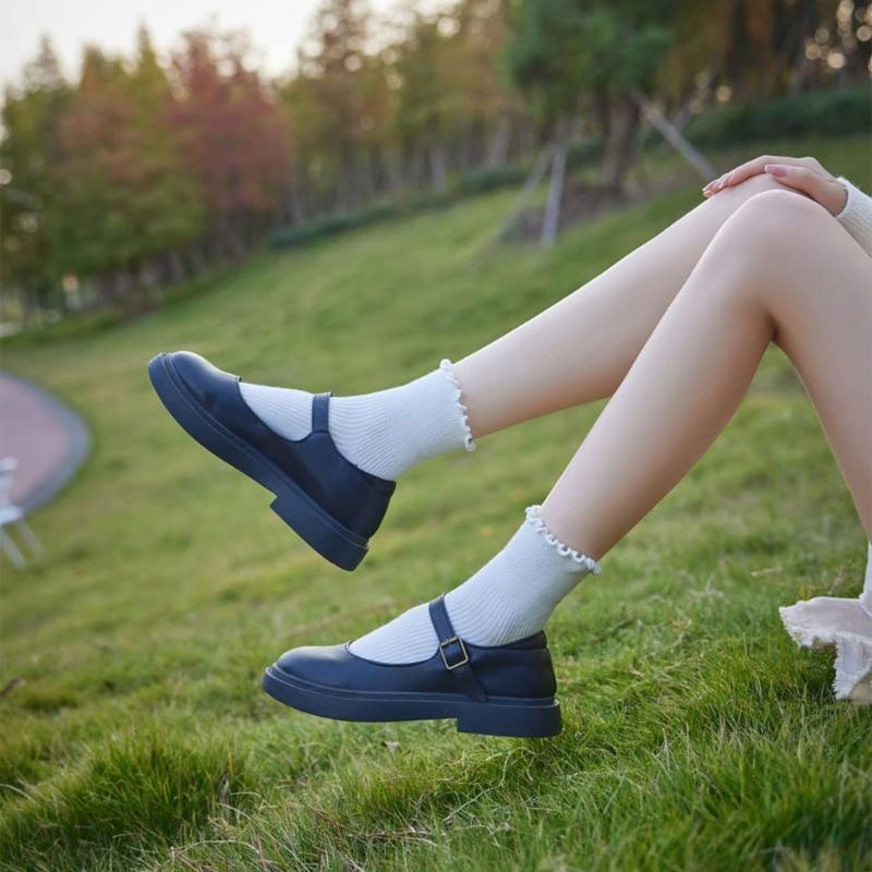Ruffle Ankle Socks for Women Cotton Soft Solid Color Ribbed Knitted Lettuces Edge Low Cut Middle Tube Frilly Crew Socks