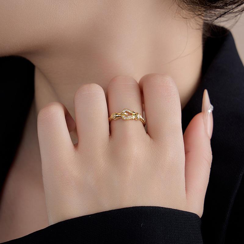 Diamant Hufeisen Schnalle Form Offener Ring Damen, High-End Mode Persönlichkeit Design Exquisites Ringzubehör Geschenk