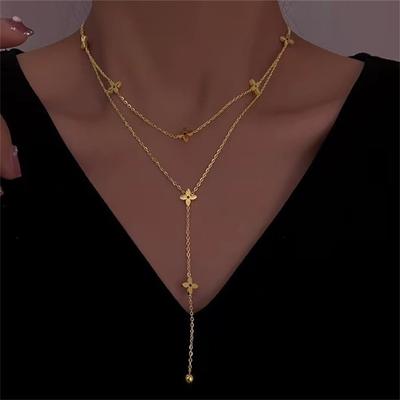 Titanium Steel Double-layer Necklace, Four Leaf Clover Tassel Chain, Cross Shaped Collarbone Chain