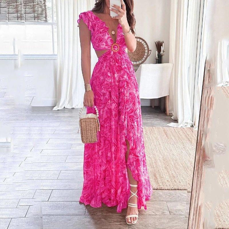 Autumn new women's clothing, Europe, America, fashion printing V-neck ruffle edge split dress