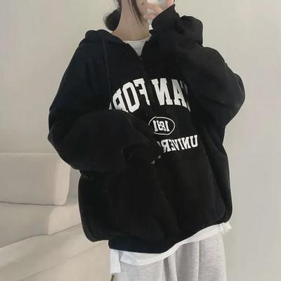 Pull zippé en peluche pour femme - Lettre japonaise fine, ample, épaissi pour l'automne/hiver, en 3 couleurs