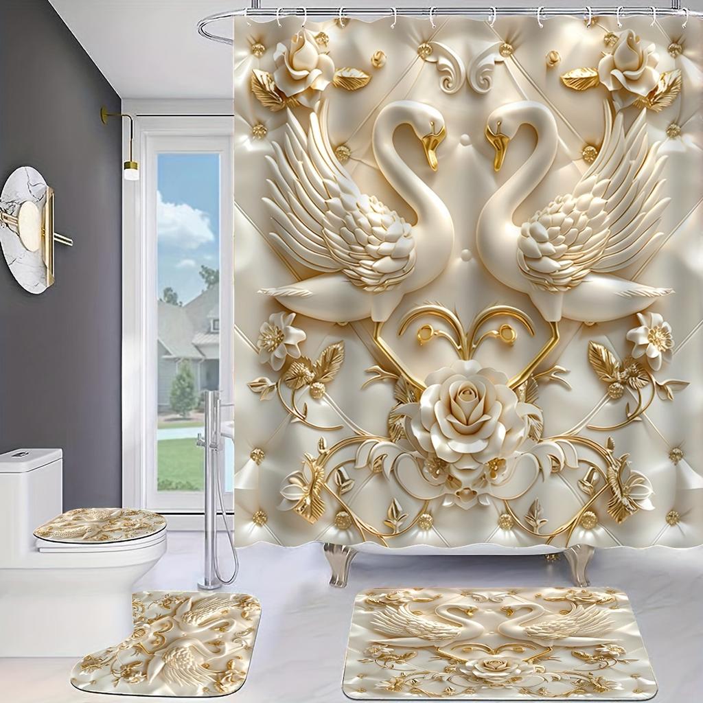 Elegant 3D Swans And Roses Luxury Bathroom Set - Waterproof Shower Curtain, Toilet Lid Cover, Bath Mat, And Contour Mat