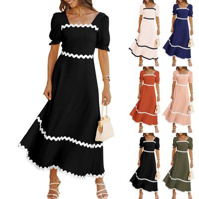Vestido feminino cor sólida gola quadrada manga curta bufante casual amarrar nas costas franzido linha A vestidos fluidos manga bolha