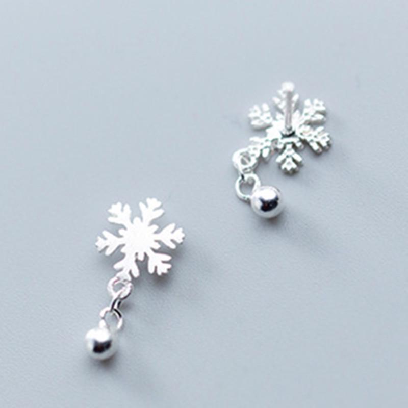 Snowflake Silver Plated Stud Earrings - Korean Mori Style, Light Bead Design, Perfect for Christmas