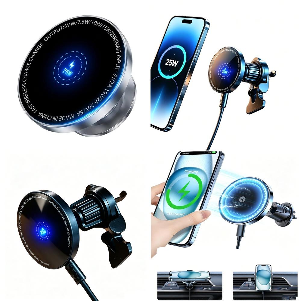 Universal 15W 25W Magnetic Car Charger Wireless Phone Mount Holder with Anti-Slip Metal Pad Providing Rapid Power Delivery