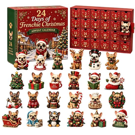 Cute Puppy Christmas Decoration French Bulldog Advent Calendar, 24-Day Countdown Acrylic Ornament, Collectible Dog Lover Holiday Gifts Figurine