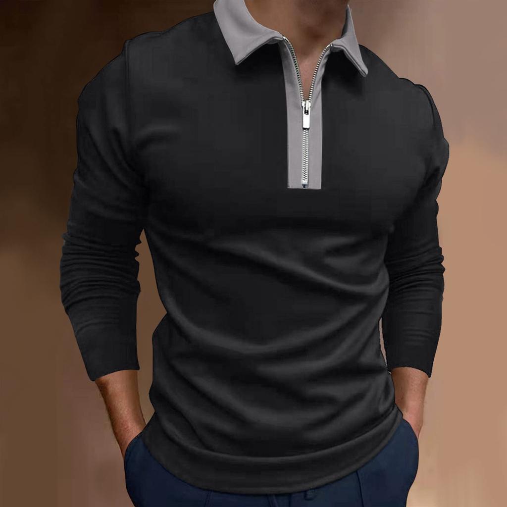 Men's Fashion Zipper Stitched T-Shirt Long Sleeve Lapel Pullover Top Blouse