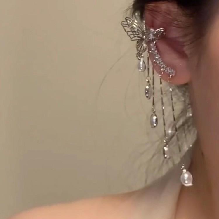 Super fairy niche butterfly hollow tassel integrated stud earrings earbone clip fashion light luxury high-end temperament earrings women