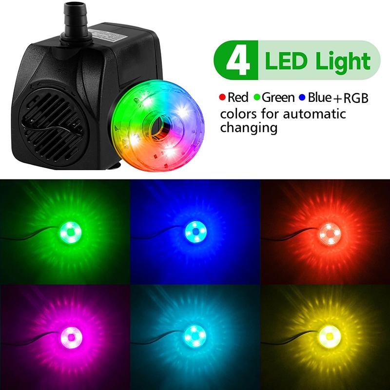 15W 800L/H Submersible Pond Fountain Pump With Led Lights, Ultra Quiet Water Pump, Pond Fountain Pumps For Small Pond