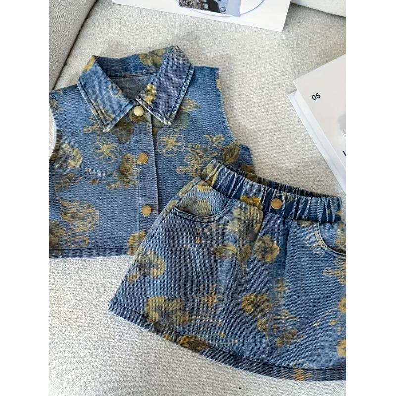Girls' Stylish Summer Floral Print Faux Denim Set with Metal Button Lapel Top + Flower Faux Denim Skirt, Thin Fit Two-Piece Outfit for Kids