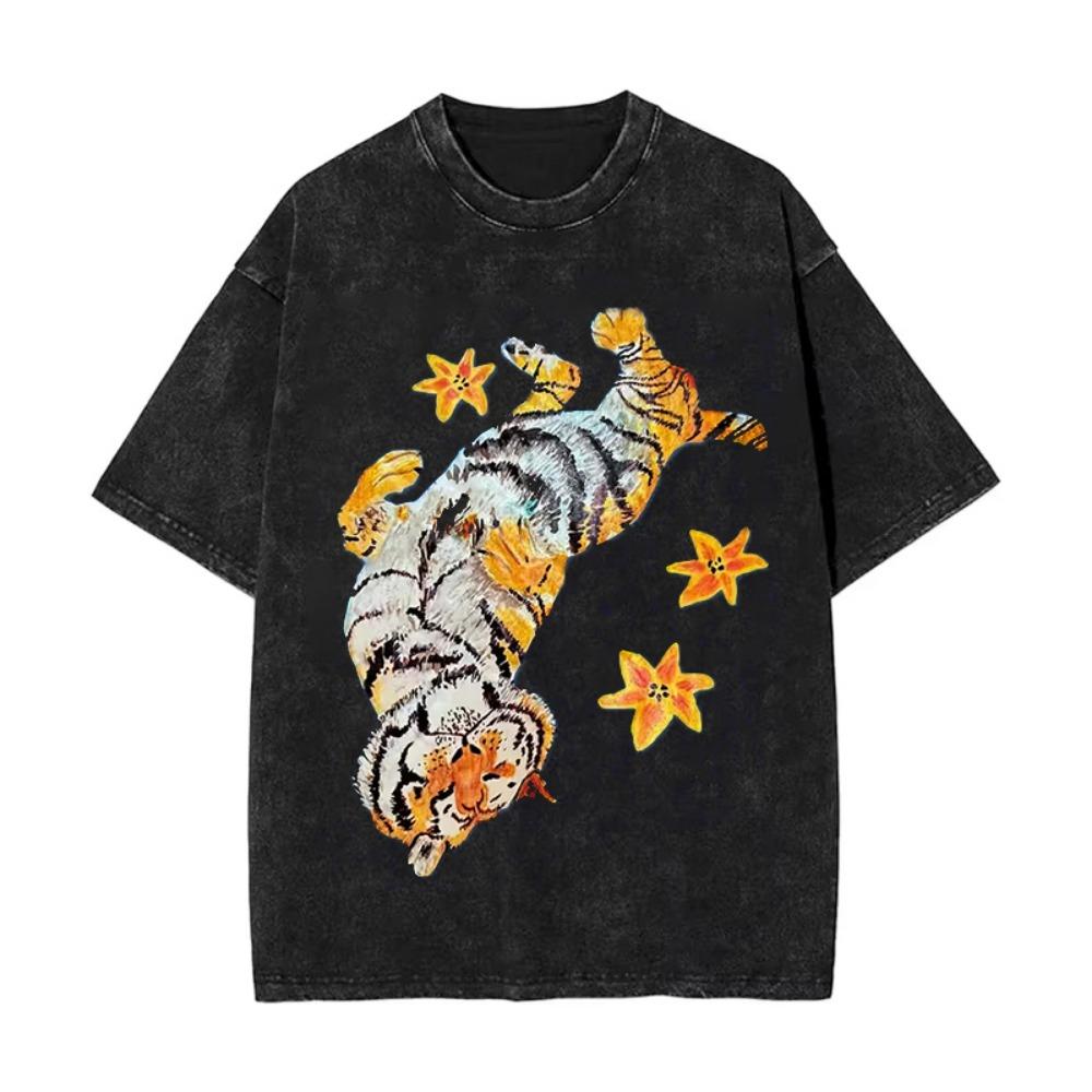T-shirt Lavata Vintage Leopardo Giaguaro Nero Y2K Uomo Donna Y2k Streetwear Cotone Manica Corta Top Unisex