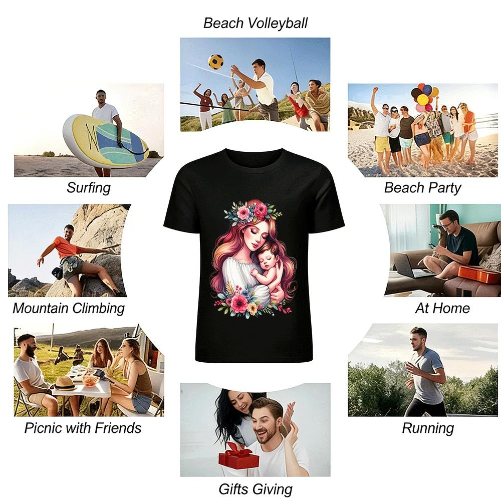 Watercolor Mother And Baby Print Casual Soft Cotton T-Shirt Pure cotton T-shirt