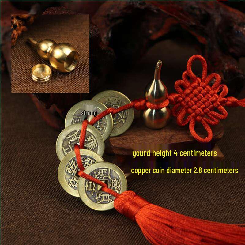 Red String Chinese Knot Copper Gourd & Five Emperors Coins Hanging Ornament for Home or Car