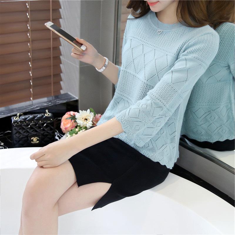 În primăvară și vară Pulover scobit nou din tricot Jachetă de damă cu secțiune subțire cu gât rotund Îmbrăcăminte linie largi Cămașă cu mânecă de șapte minute