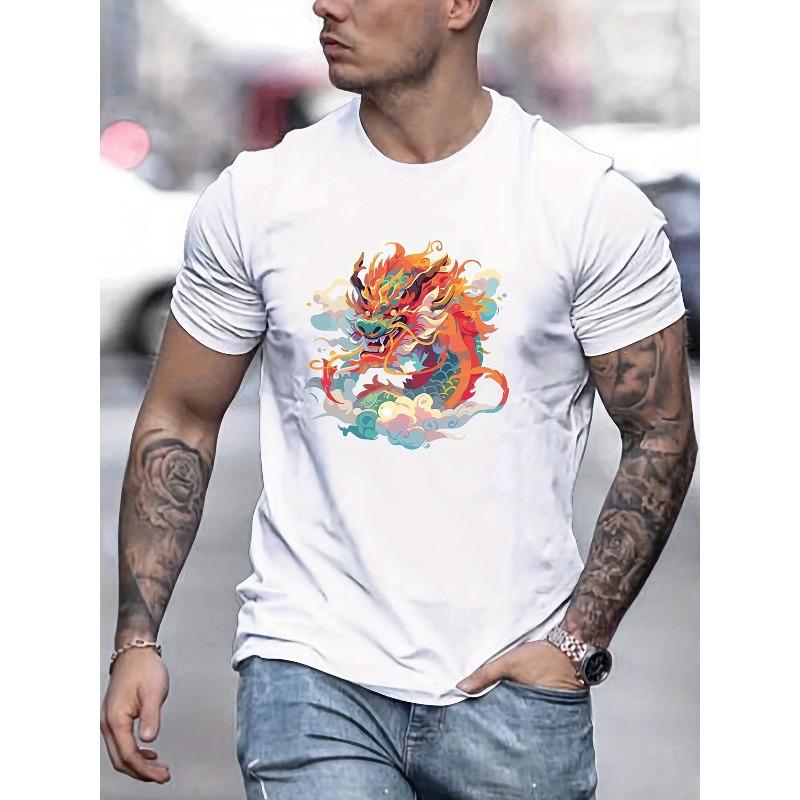 European sizes Stylish Anime Dragon Print Men's T-shirt For Summer Outdoor, New Year Gift For Men