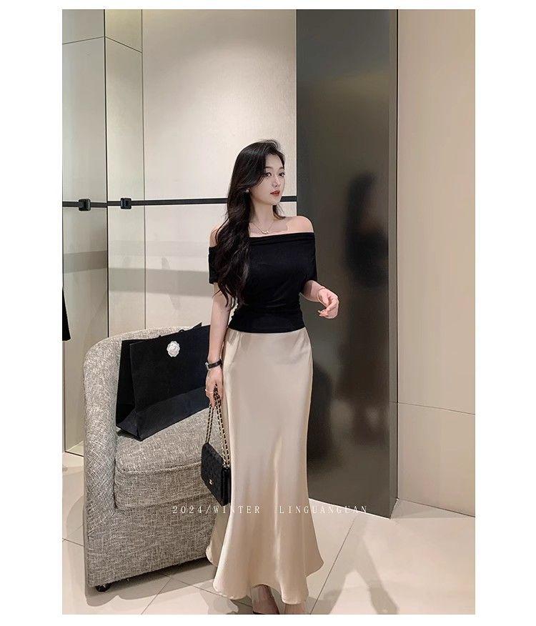 Champagne Satin Fishtail High-End Silk Skirt for Women - Summer 2025