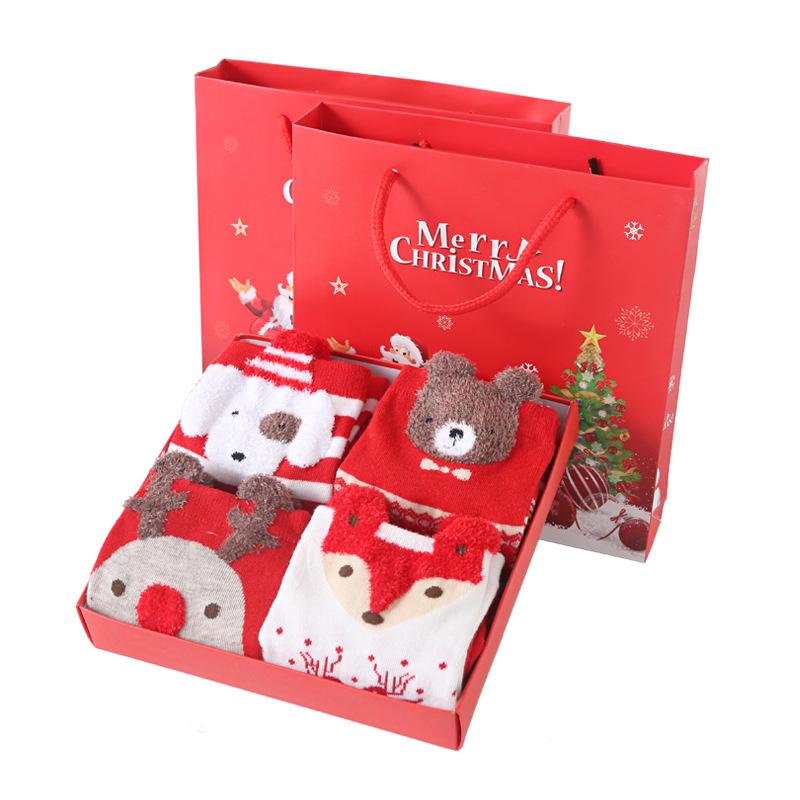 Women's Mid-Calf 3D Cartoon Christmas Socks Gift Box - Red Cotton Benming Year Collection for Autumn & Winter