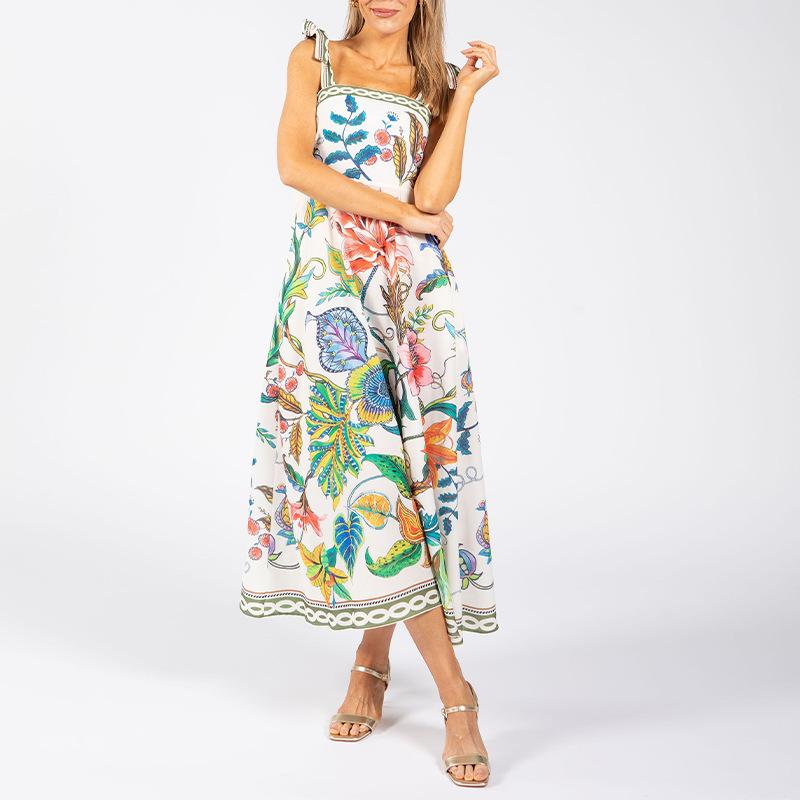 Spring new, fashionable casual vacation plant-printed lace-up dress S
