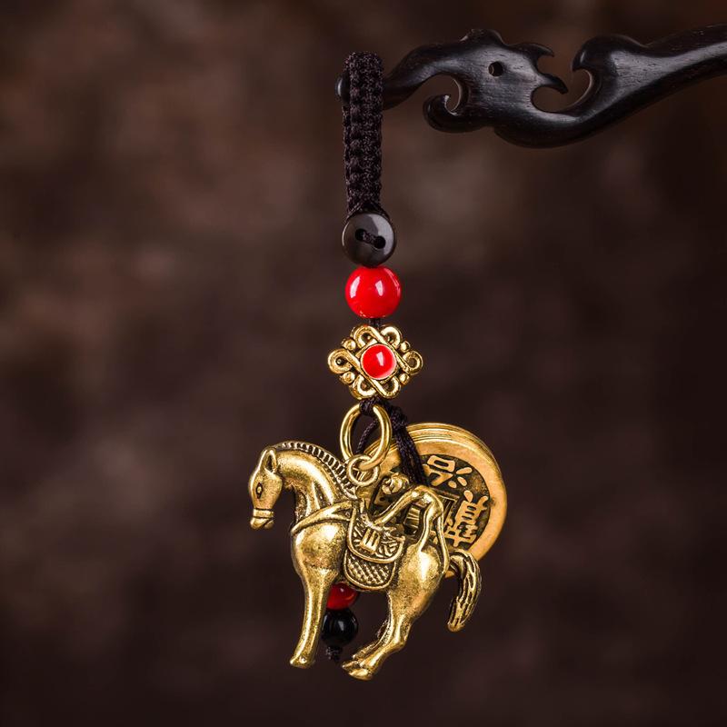 

Brass Five Emperor Car Keychain Pendant Antique Handmade Woven High-End Bag Ornament One Size