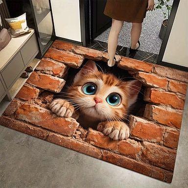 Cute Countryside Cat Printed Doormat Vintage Ethnic Style Cute Hole 2D Printed Carpet Living Room Bedroom Foyer Floor Mat