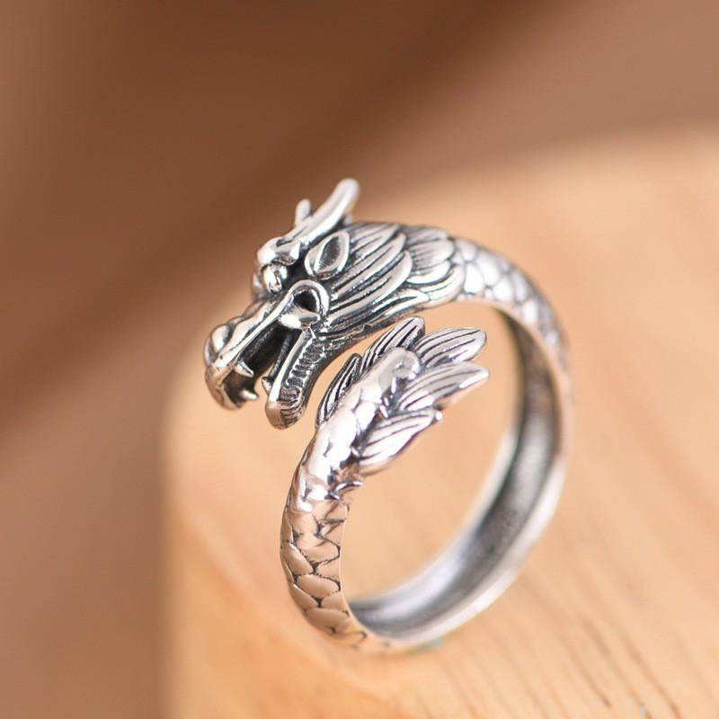 Adjustable Vintage Ethnic Totem Dragon Phoenix Ring Sterling Unisex Open Band Jewelry