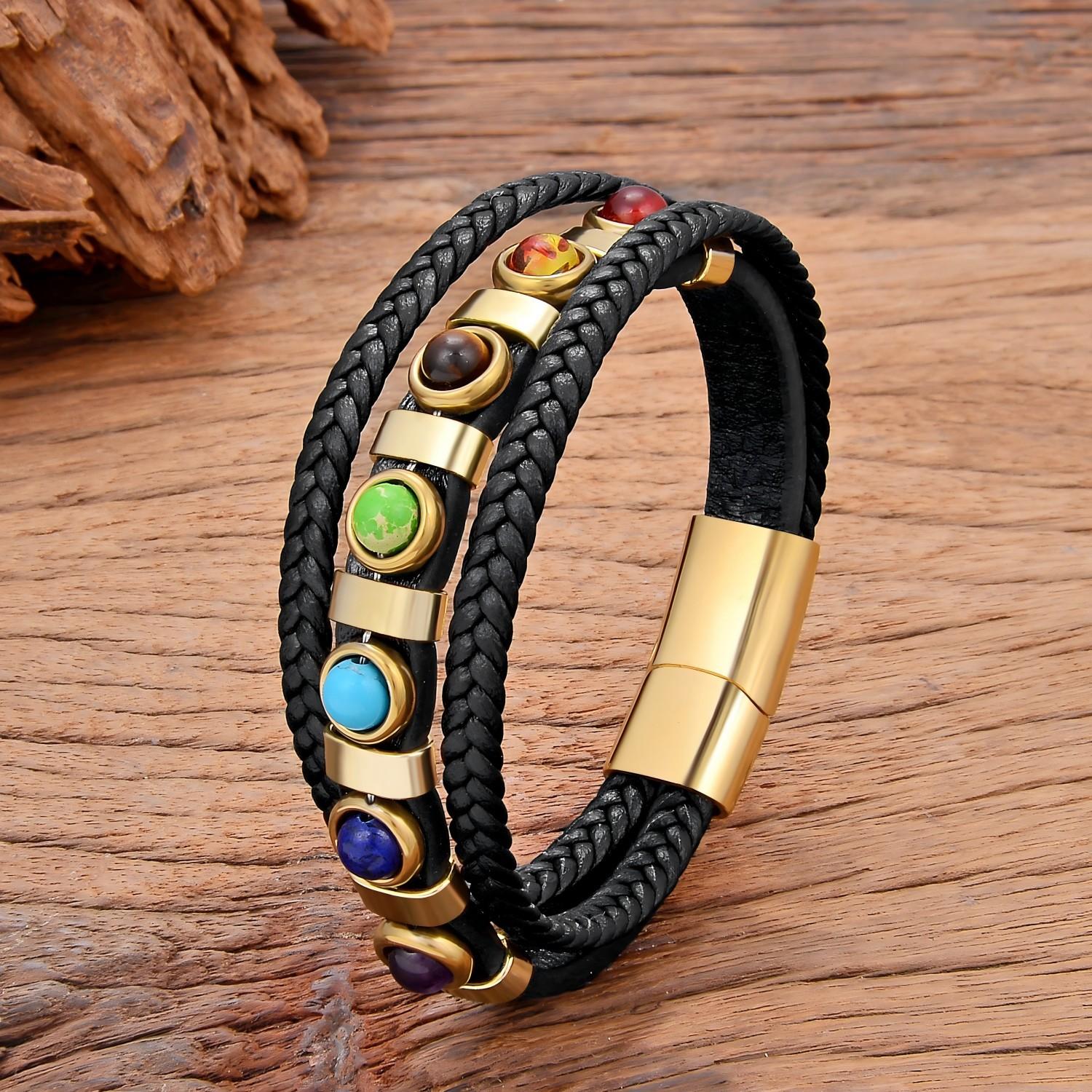 

European and American Colorful Beaded Multi-layer Leather Rope Bracelet, Men s and Women s Magnetic Buckle Jewelry, Ethnic Style Jewelry 2026 19cm золотой